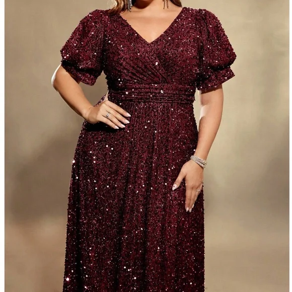 Plus Sequin Puff Sleeve High Waisted Party Formal Wedding Dress - Picture 3 of 9